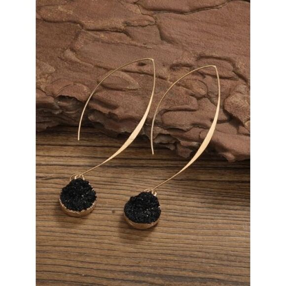 GOLD PLATED BLACK RESIN STONE ROUND DANGLE EARRINGS - Picture 1 of 5